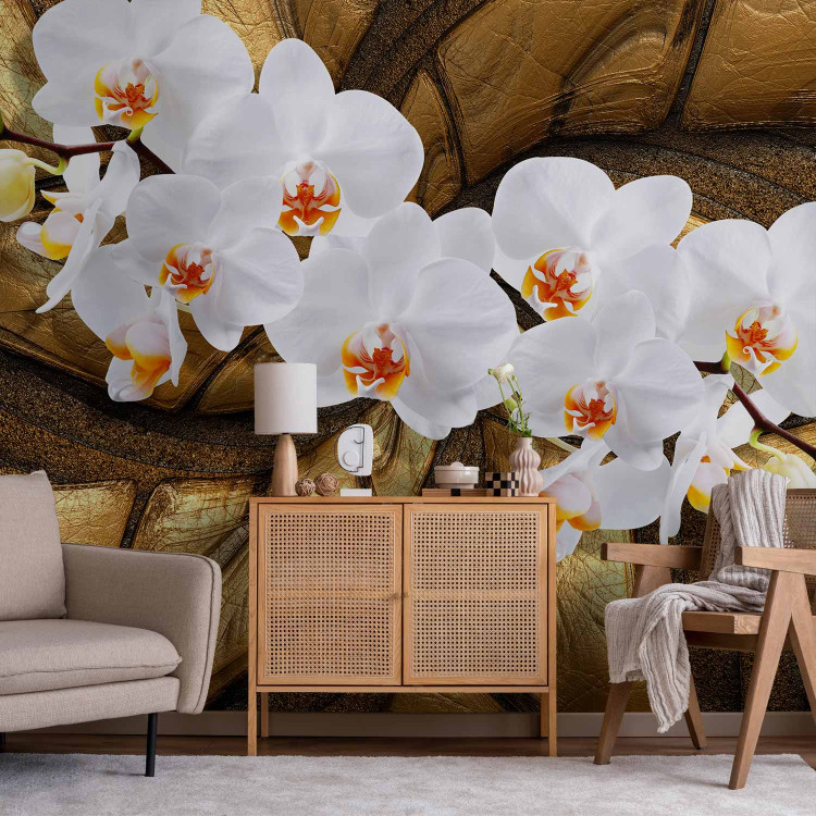 Wall Mural Golden orchid - white floral motif on a textured leather-type background 92114