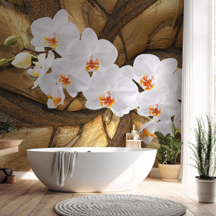 Wall Mural Golden orchid - white floral motif on a textured leather-type background 92114 additionalImage 8