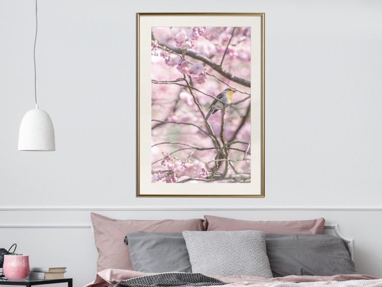 Wall Poster Robin on Tree - small bird among branches and pink apple blossoms 116724 additionalImage 23