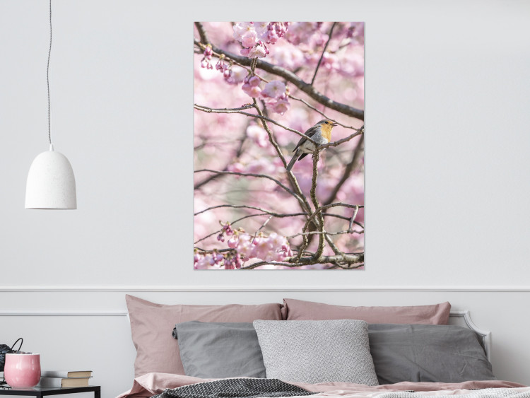 Wall Poster Robin on Tree - small bird among branches and pink apple blossoms 116724 additionalImage 21