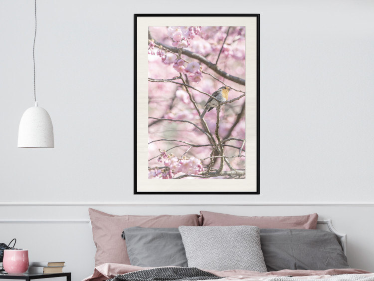 Wall Poster Robin on Tree - small bird among branches and pink apple blossoms 116724 additionalImage 22