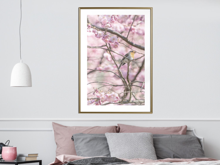 Wall Poster Robin on Tree - small bird among branches and pink apple blossoms 116724 additionalImage 13