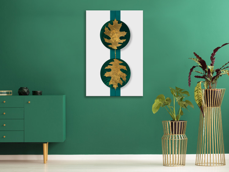 Canvas Golden leaves - a botanical motif on an emerald, geometric background 117524 additionalImage 3