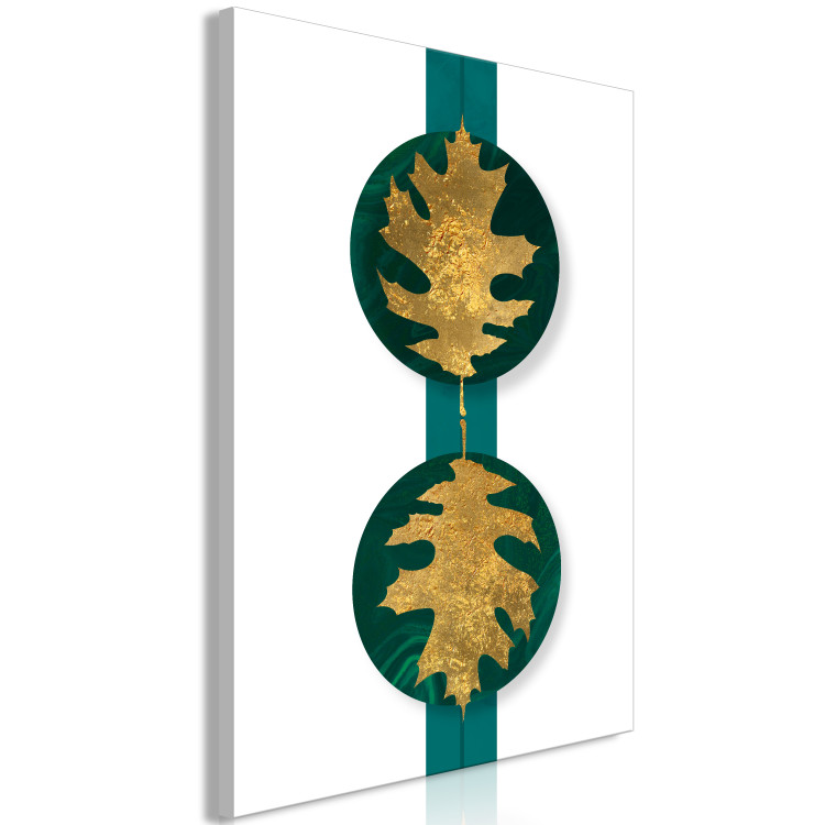 Canvas Golden leaves - a botanical motif on an emerald, geometric background 117524 additionalImage 2