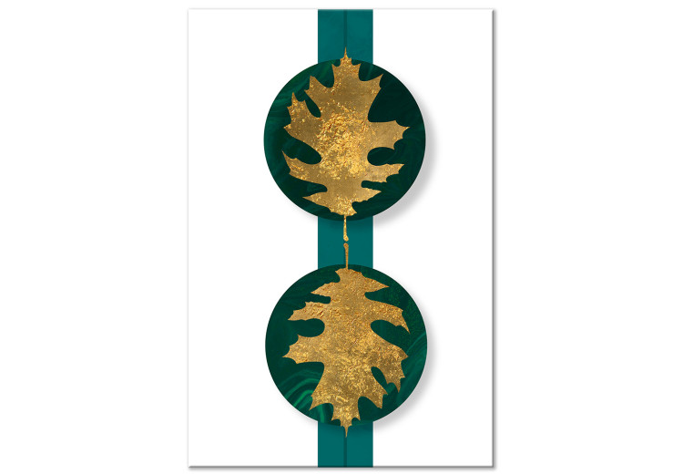 Canvas Golden leaves - a botanical motif on an emerald, geometric background 117524