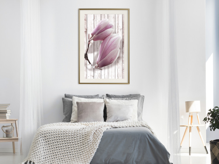 Poster Provence Magnolia - pink flowers on a background of white wooden boards 122724 additionalImage 21