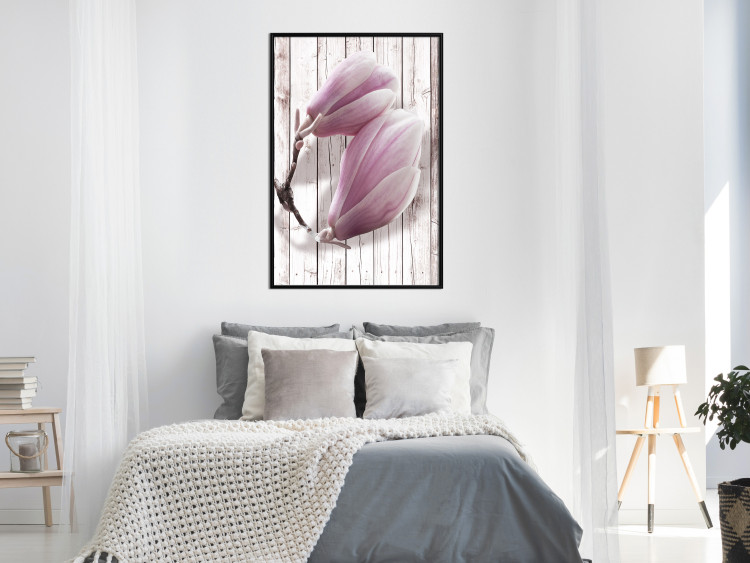 Poster Provence Magnolia - pink flowers on a background of white wooden boards 122724 additionalImage 3