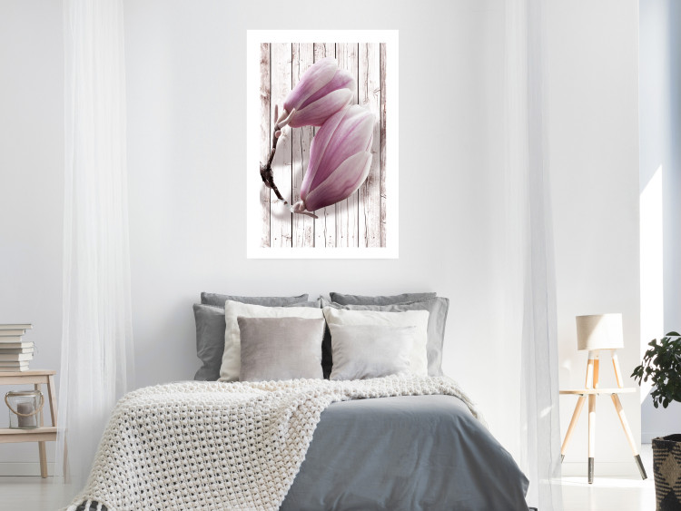 Poster Provence Magnolia - pink flowers on a background of white wooden boards 122724 additionalImage 2