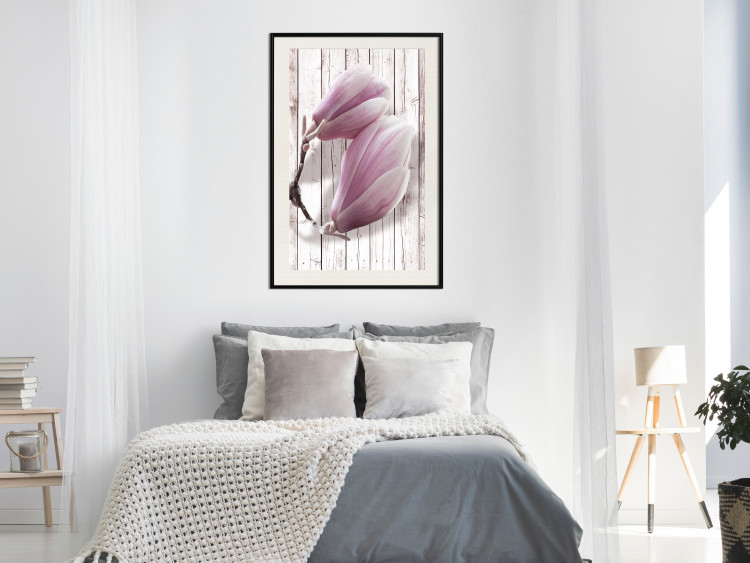 Poster Provence Magnolia - pink flowers on a background of white wooden boards 122724 additionalImage 22