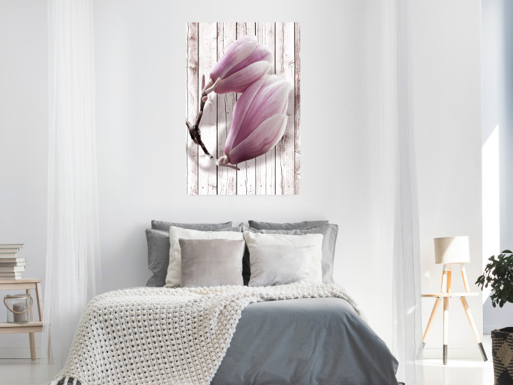 Poster Provence Magnolia - pink flowers on a background of white wooden boards 122724 additionalImage 17