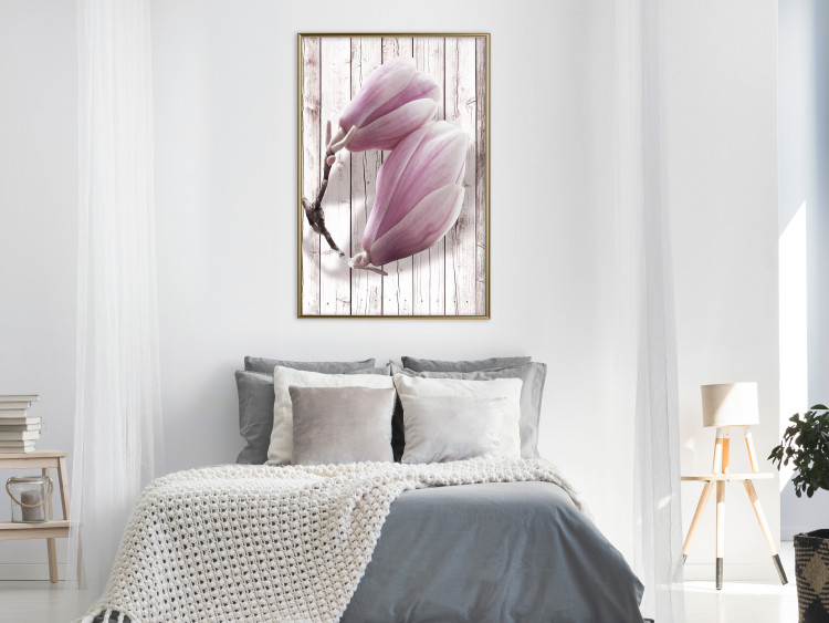 Poster Provence Magnolia - pink flowers on a background of white wooden boards 122724 additionalImage 7