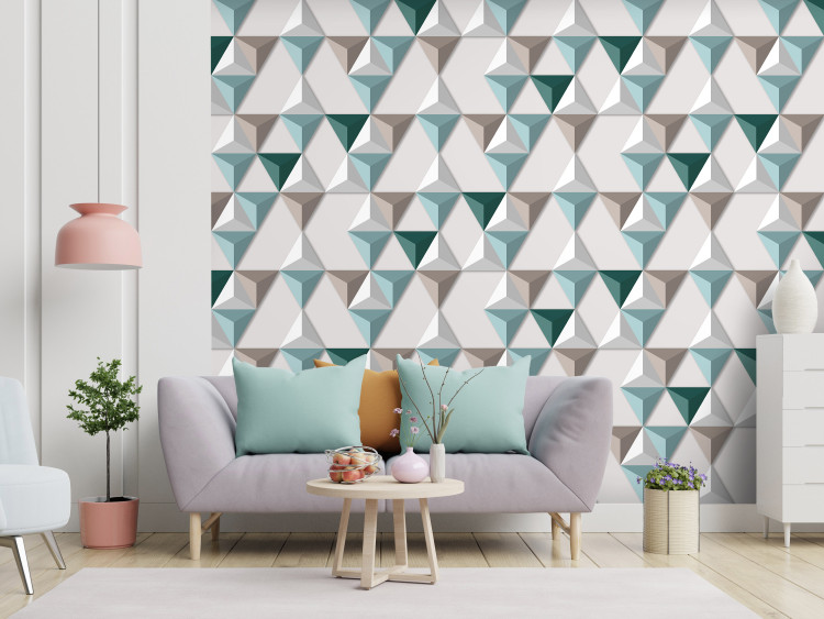 Photo Wallpaper Geometric harmony - three-dimensional mosaic of triangles in turquoise 144624
