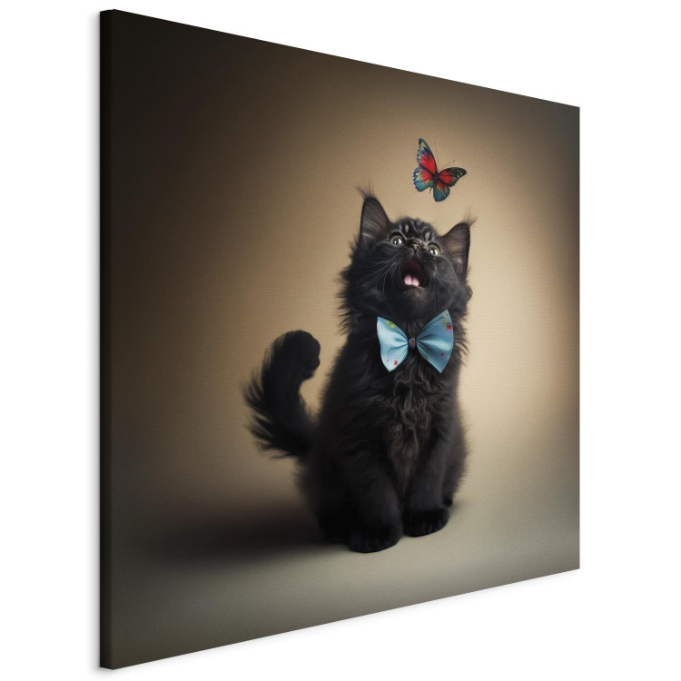 Canvas Art Print AI Cat - Animal in a Bow Tie Watching a Colorful Butterfly - Square 150124 additionalImage 2