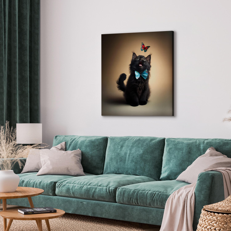 Canvas Art Print AI Cat - Animal in a Bow Tie Watching a Colorful Butterfly - Square 150124 additionalImage 10