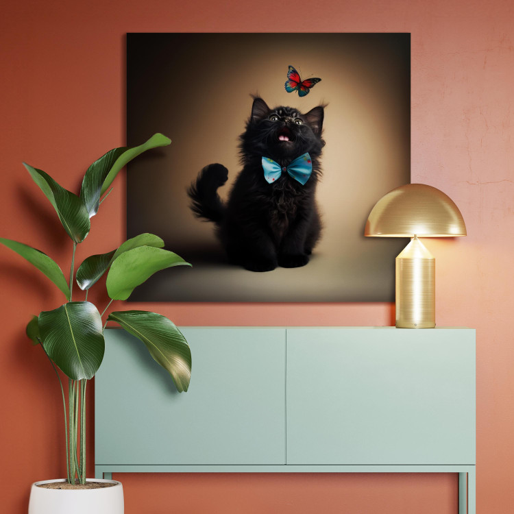 Canvas Art Print AI Cat - Animal in a Bow Tie Watching a Colorful Butterfly - Square 150124 additionalImage 11