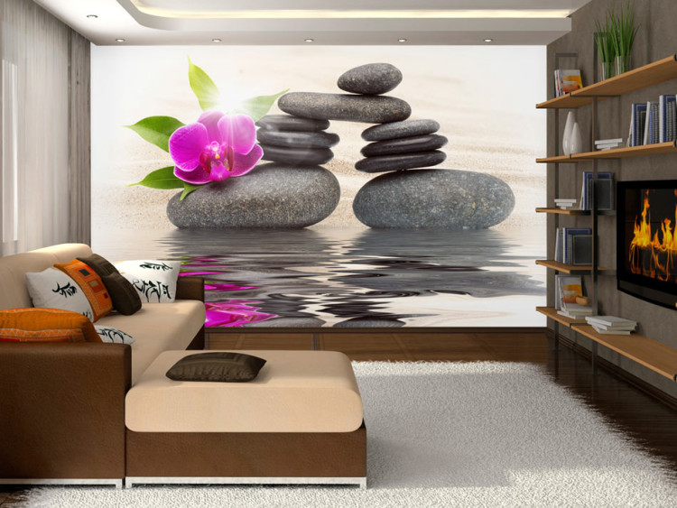 Wall Mural Feng Shui - Zen stones with an orchid and leaves on a water surface 61424