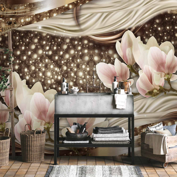 Wall Mural Golden glitters - pearls and magnolia flowers on a background of delicate patterns 64024 additionalImage 8
