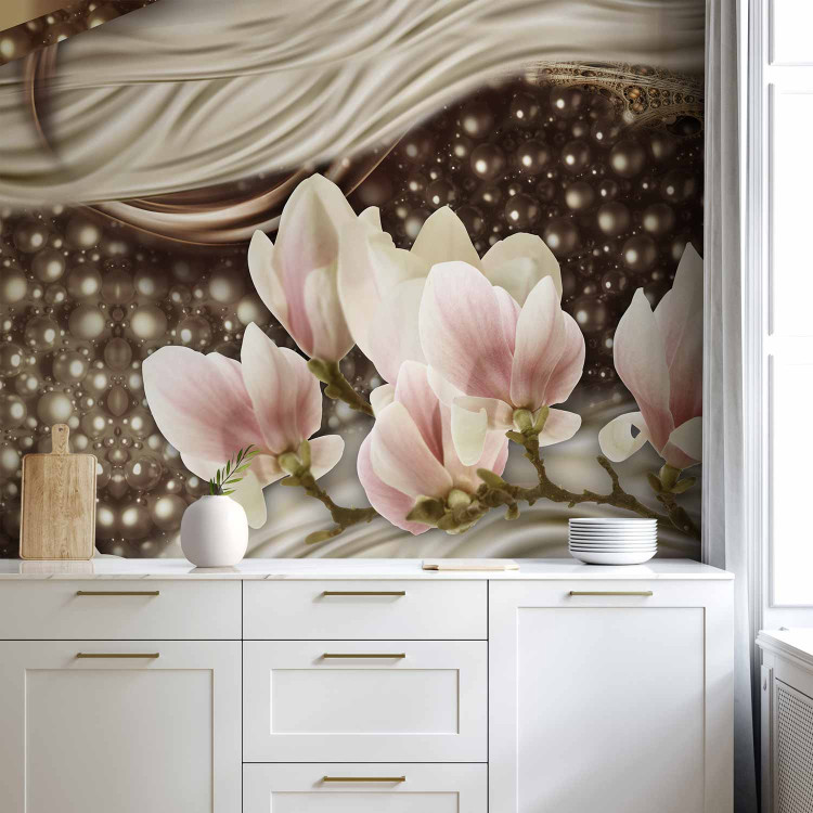 Wall Mural Golden glitters - pearls and magnolia flowers on a background of delicate patterns 64024 additionalImage 6