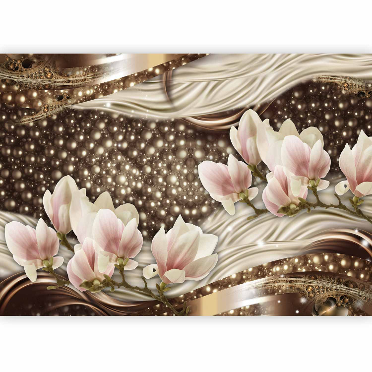 Wall Mural Golden glitters - pearls and magnolia flowers on a background of delicate patterns 64024 additionalImage 1