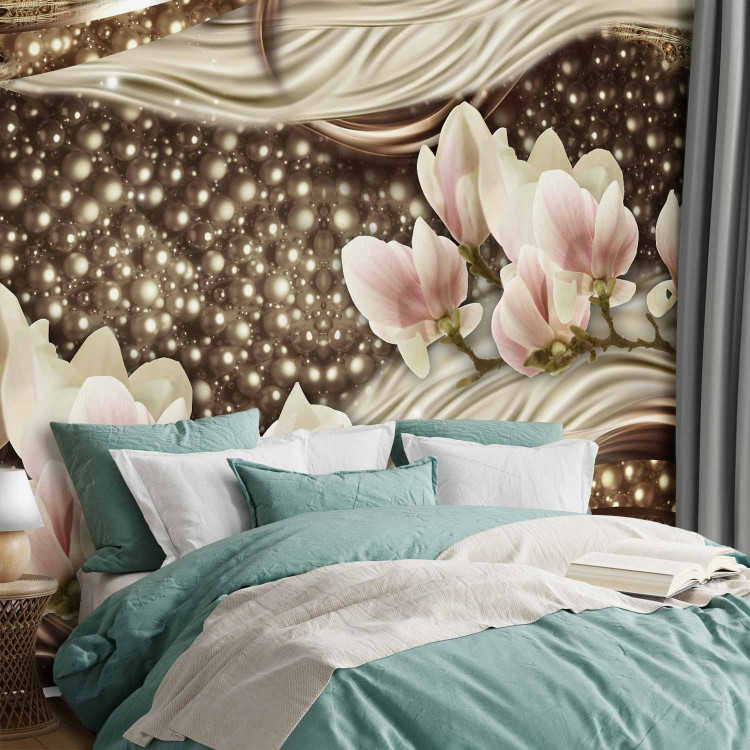Wall Mural Golden glitters - pearls and magnolia flowers on a background of delicate patterns 64024 additionalImage 2