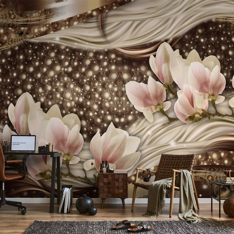 Wall Mural Golden glitters - pearls and magnolia flowers on a background of delicate patterns 64024 additionalImage 4