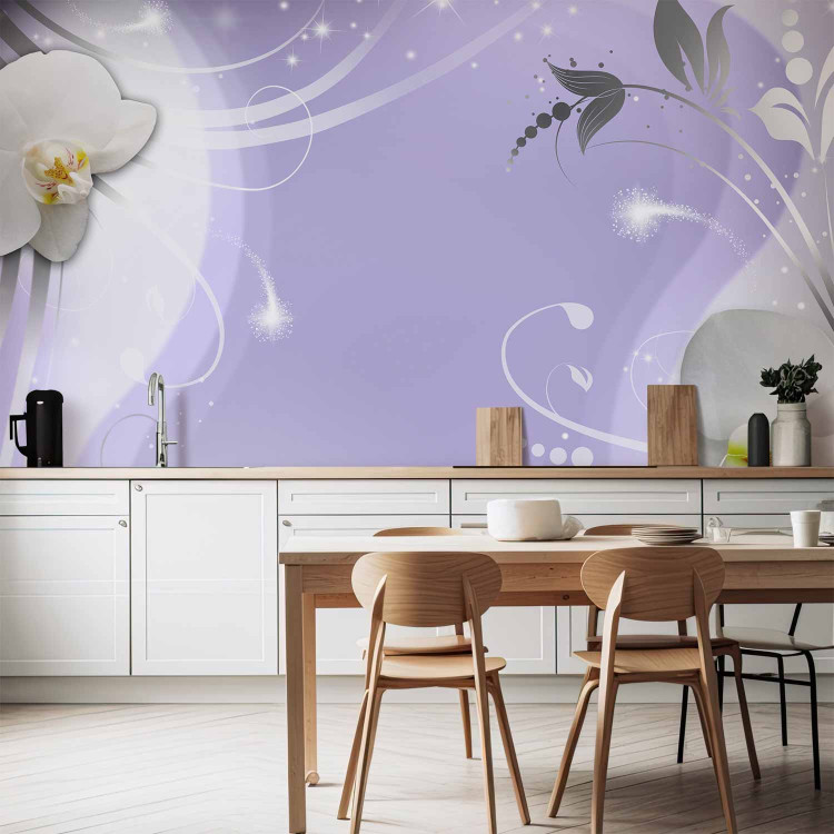 Wall Mural Flowers on a purple background - white orchids with silver ornaments 97324 additionalImage 6