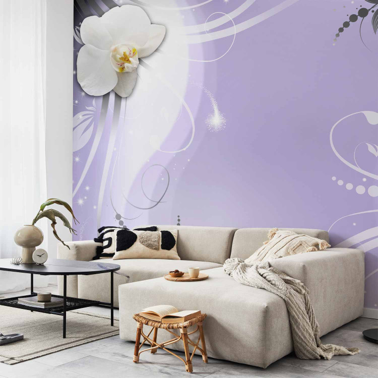 Wall Mural Flowers on a purple background - white orchids with silver ornaments 97324