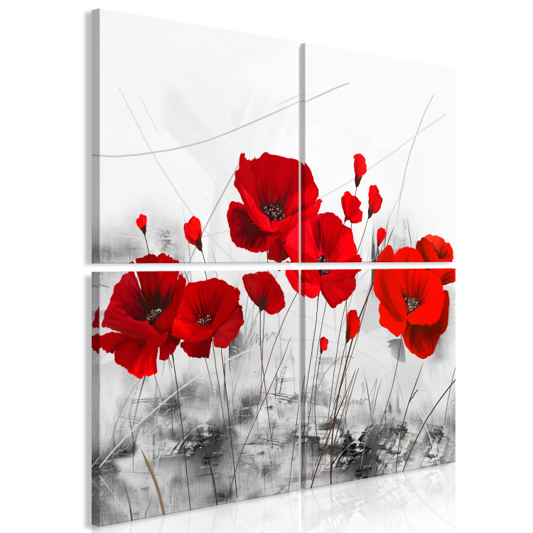 Canvas Art Print Red Poppies in Meadow (4-part) - Flowers on Gray Natural Background 118434 additionalImage 2