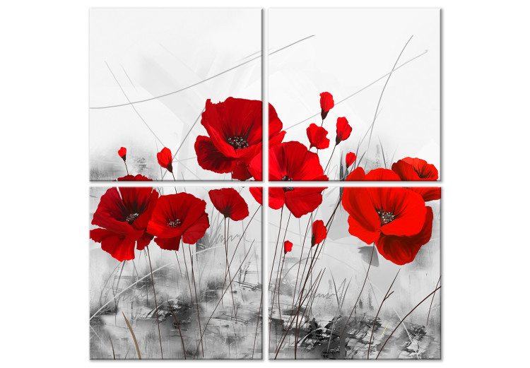 Canvas Art Print Red Poppies in Meadow (4-part) - Flowers on Gray Natural Background 118434