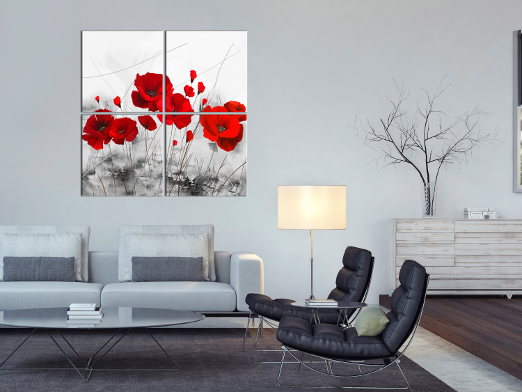 Canvas Art Print Red Poppies in Meadow (4-part) - Flowers on Gray Natural Background 118434 additionalImage 3