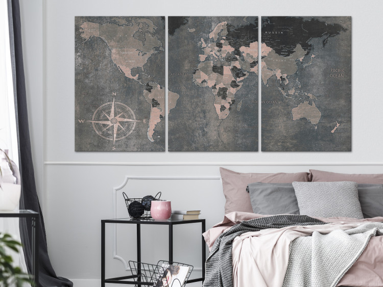 Canvas Vintage World Map (3 Parts) Grey 118934 additionalImage 3