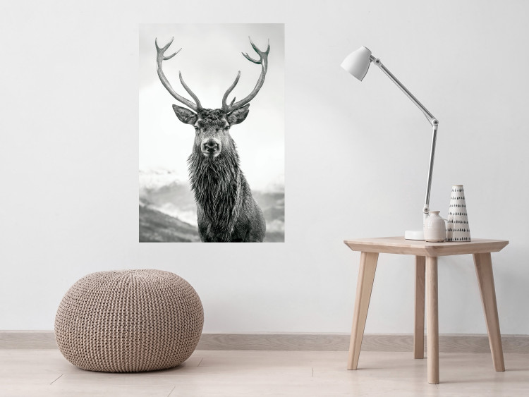 Wall Poster Lord of Autumn - black and white portrait of a deer against a background of sky and nature 130734 additionalImage 2