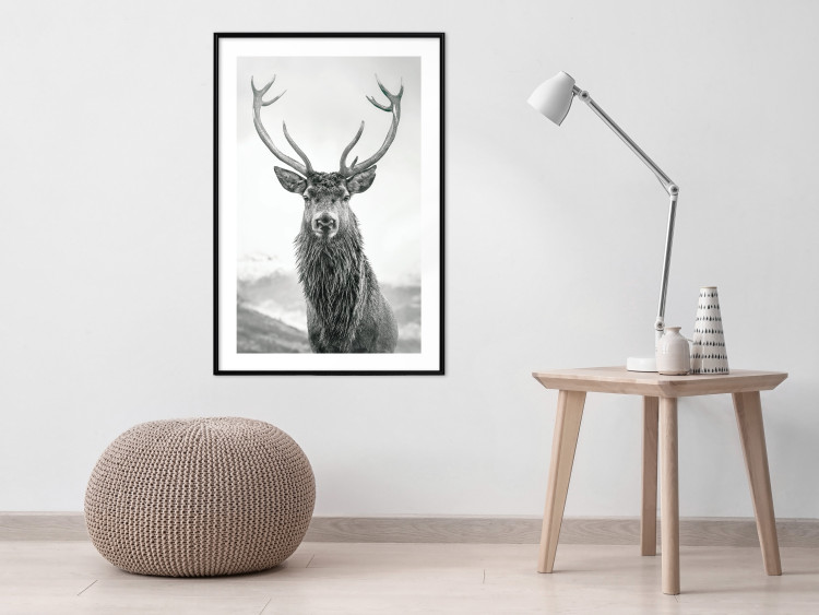 Wall Poster Lord of Autumn - black and white portrait of a deer against a background of sky and nature 130734 additionalImage 14