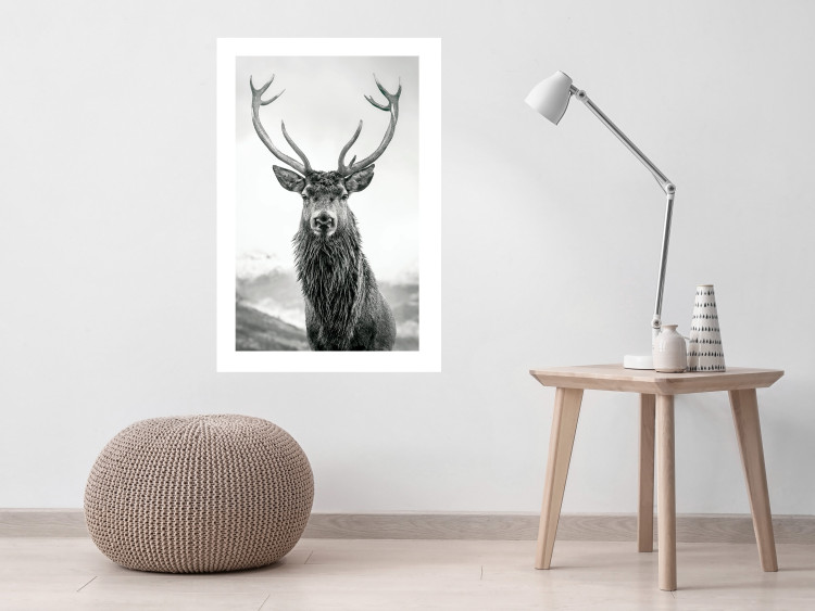 Wall Poster Lord of Autumn - black and white portrait of a deer against a background of sky and nature 130734 additionalImage 3