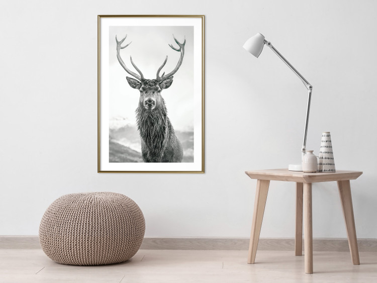Wall Poster Lord of Autumn - black and white portrait of a deer against a background of sky and nature 130734 additionalImage 13
