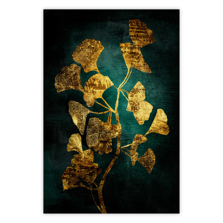 Wall Poster Radiant Glow - abstract golden plant on green texture 135034