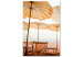 Canvas Art Print Beach umbrellas - Landscape with sand, sun loungers and Mediterranean 135834