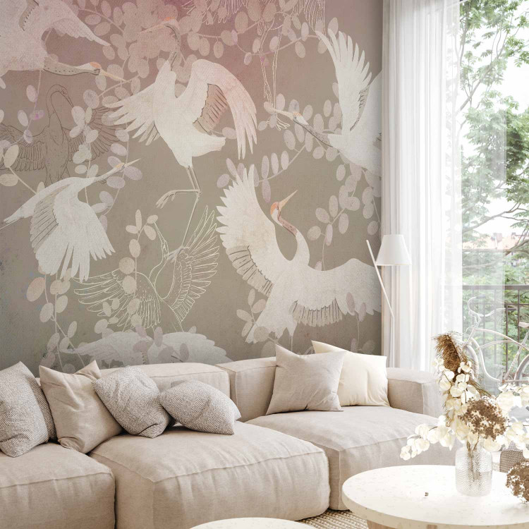 Wall Mural Dancing animals - birds motif among leaves on a dark background with pink 143934