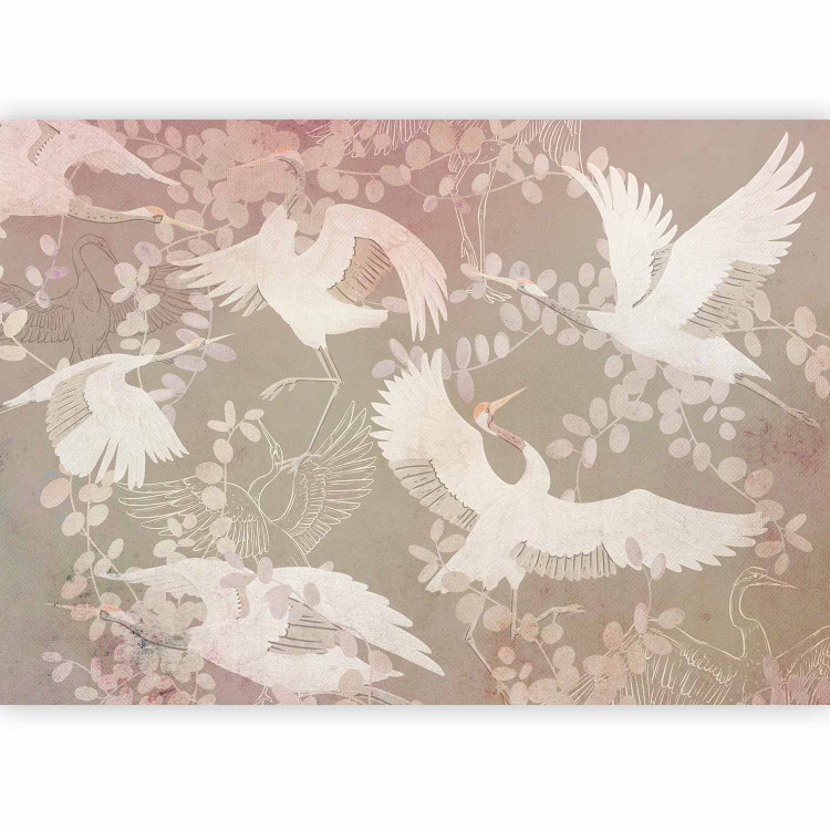 Wall Mural Dancing animals - birds motif among leaves on a dark background with pink 143934 additionalImage 1