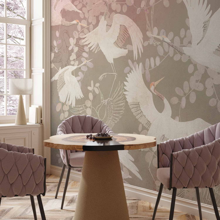 Wall Mural Dancing animals - birds motif among leaves on a dark background with pink 143934 additionalImage 4