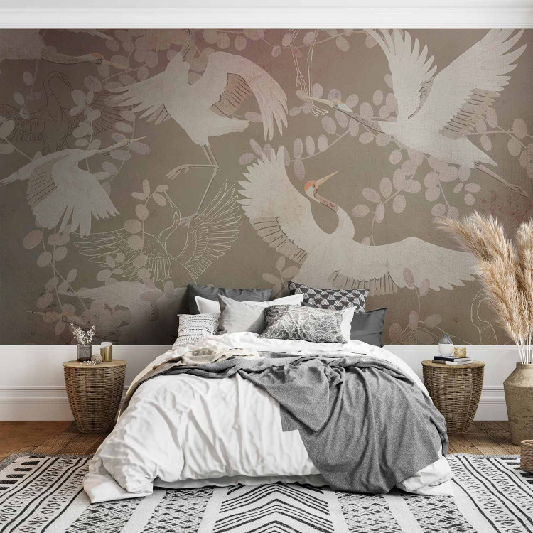 Wall Mural Dancing animals - birds motif among leaves on a dark background with pink 143934 additionalImage 2