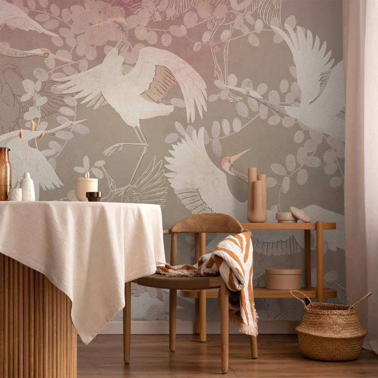 Wall Mural Dancing animals - birds motif among leaves on a dark background with pink 143934 additionalImage 6