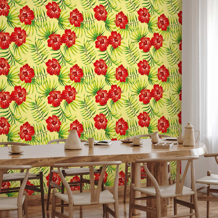 Modern Wallpaper Fiery Hibiscus - Red Flowers and Green Leaves on a Yellow Background 150034 additionalImage 9