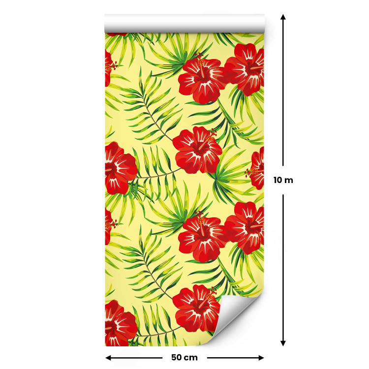 Modern Wallpaper Fiery Hibiscus - Red Flowers and Green Leaves on a Yellow Background 150034 additionalImage 7