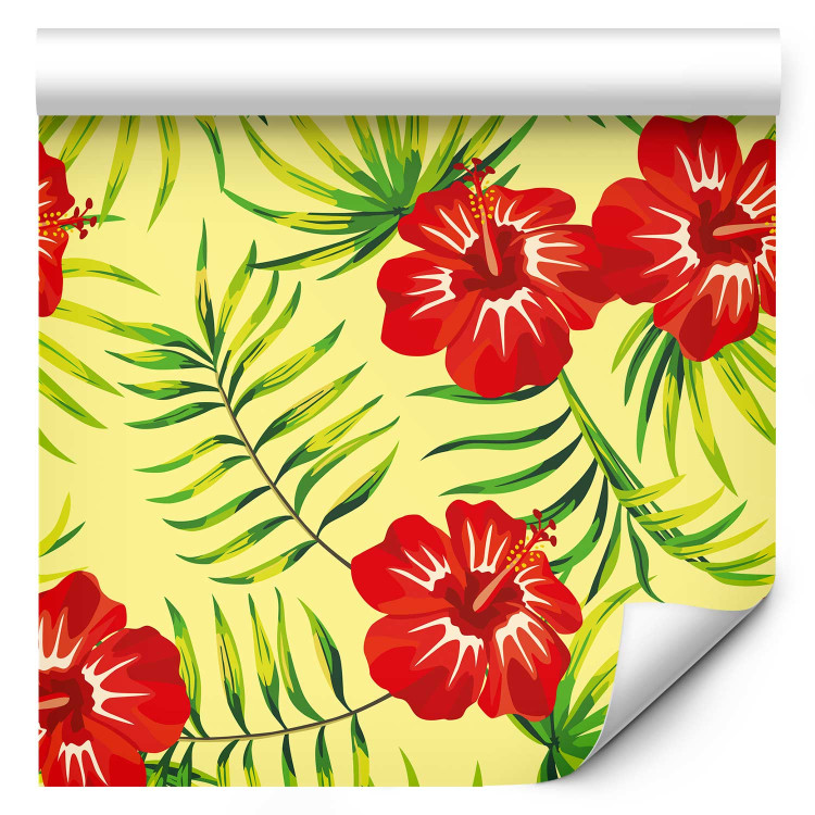 Modern Wallpaper Fiery Hibiscus - Red Flowers and Green Leaves on a Yellow Background 150034 additionalImage 1