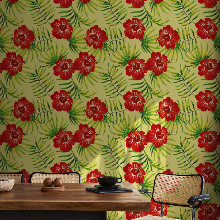 Modern Wallpaper Fiery Hibiscus - Red Flowers and Green Leaves on a Yellow Background 150034 additionalImage 8