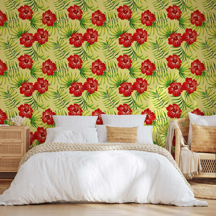 Modern Wallpaper Fiery Hibiscus - Red Flowers and Green Leaves on a Yellow Background 150034 additionalImage 4