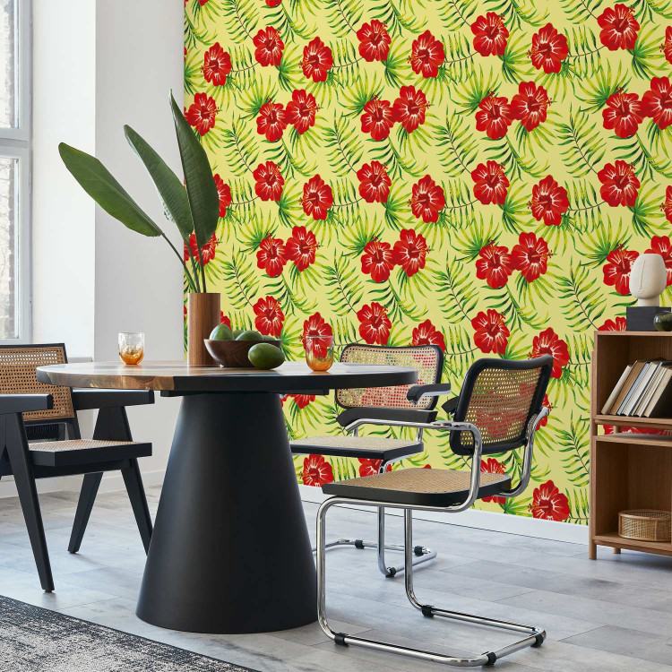Modern Wallpaper Fiery Hibiscus - Red Flowers and Green Leaves on a Yellow Background 150034 additionalImage 5