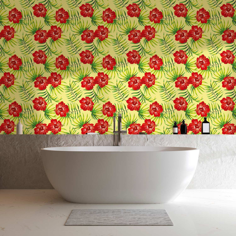Modern Wallpaper Fiery Hibiscus - Red Flowers and Green Leaves on a Yellow Background 150034 additionalImage 10