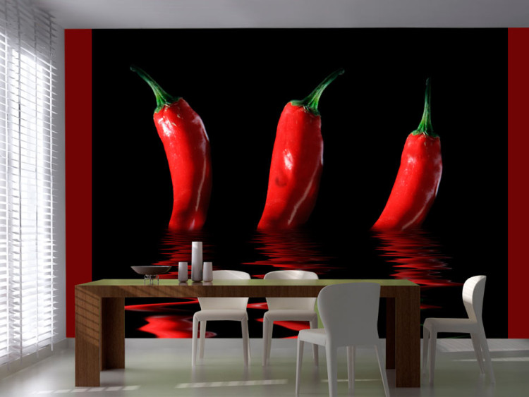 Wall Mural Spicy Flavours - Chili Pepper Emerging from Water with Reflection 59834